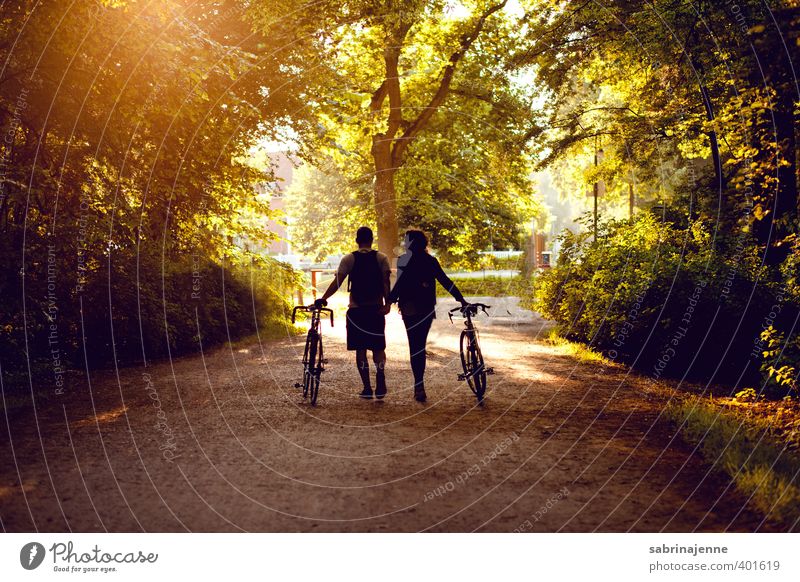 into the sunset Joy Happy Healthy Leisure and hobbies Cycling Human being Friendship Couple Adults Life Nature Landscape Sports Dream Contentment