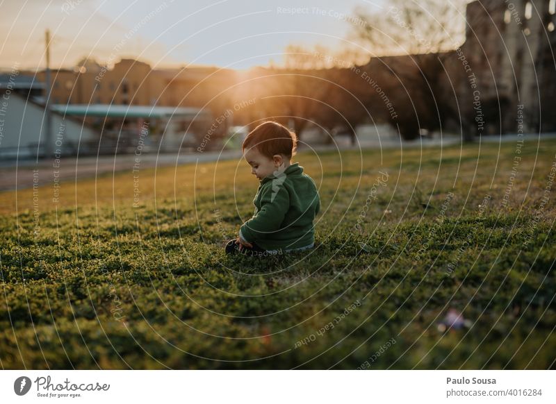 Toddler playing at park Sunset Green Grass Park Authentic enjoyment Playing Joy Exterior shot Nature Human being Lifestyle Child Summer Happy Infancy Cute