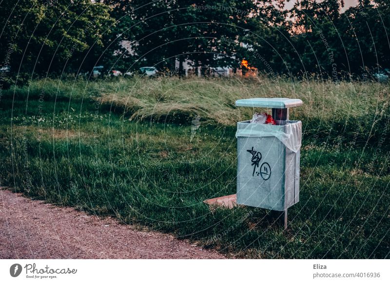 Trash can in the park rubbish bin Park Meadow Evening Green Nature Throw away waste Trash container Waste management out Public
