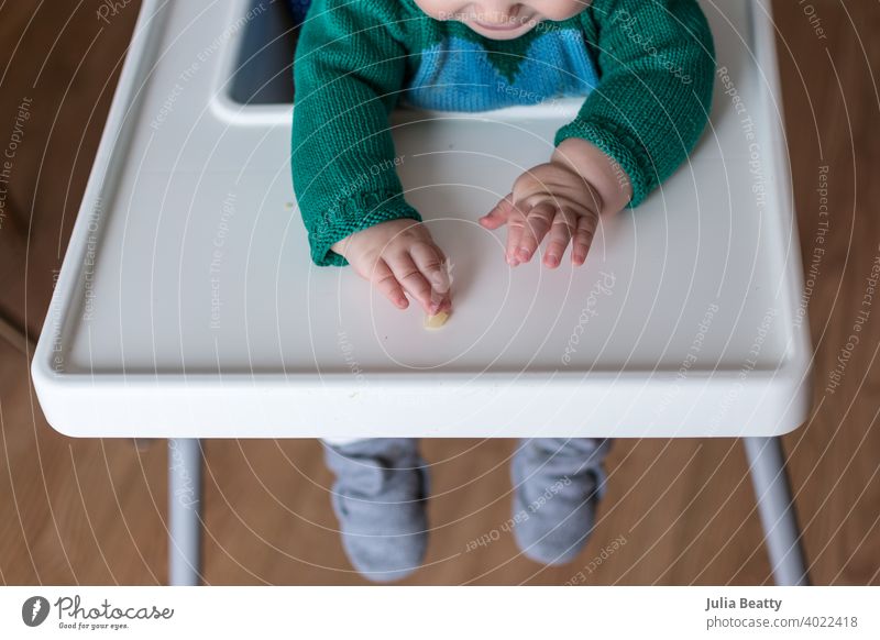 Young baby reaches for a bite sized piece of food on tray of high chair; baby led weaning infant child 6 months old finger food cubed soft squish diced chopped