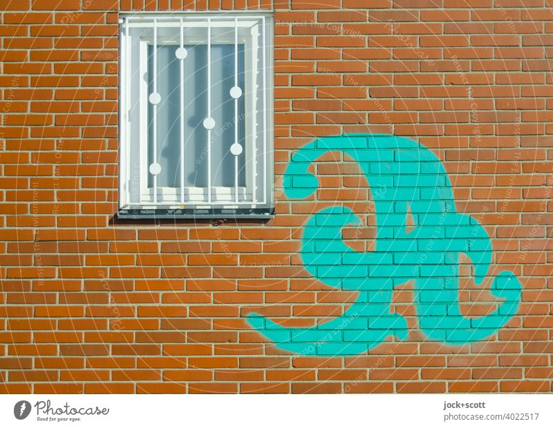 A with squiggles on retro wall letter Typography Style Spray stencil Street art Subculture Stencil letters Berlin-Wedding clinker facade small window latticed