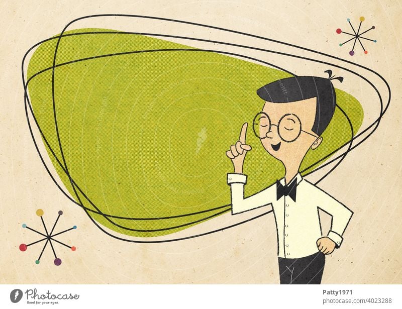 Man/teacher in the style of the 50s,60s with glasses stands with raised index finger in front of a green area with space for text mid century '60s Cartoon Comic