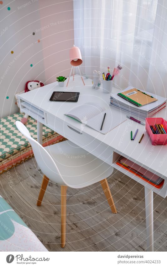 Desk in girl's bedroom decorated in pastel colors white desk nordic decoration style girls bedroom sweet nobody chair desk in front of window design mint green