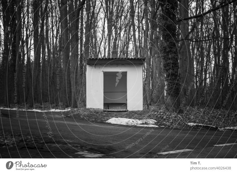 a lonely bus stop in Brandenburg with remains of the winter snow Stop (public transport) Black & white photo Deserted Exterior shot Day Transport Street