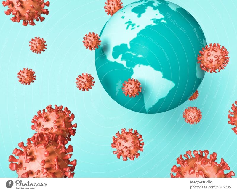 3D Illustration. Coronavirus virus cell around globe earth. 3d covid-19 coronavirus medicine pandemic disease infection health influenza sickness risk