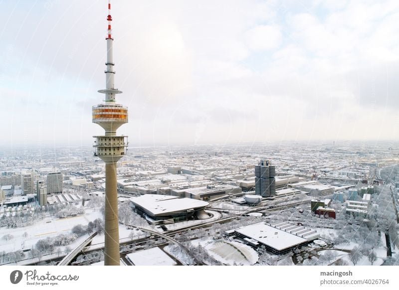 Munich with Olympic Tower in winter Olympic Park Germany Olympic Games 1972 Winter Snow White nobody copyspace Sky Bavaria Blank space text space Deserted