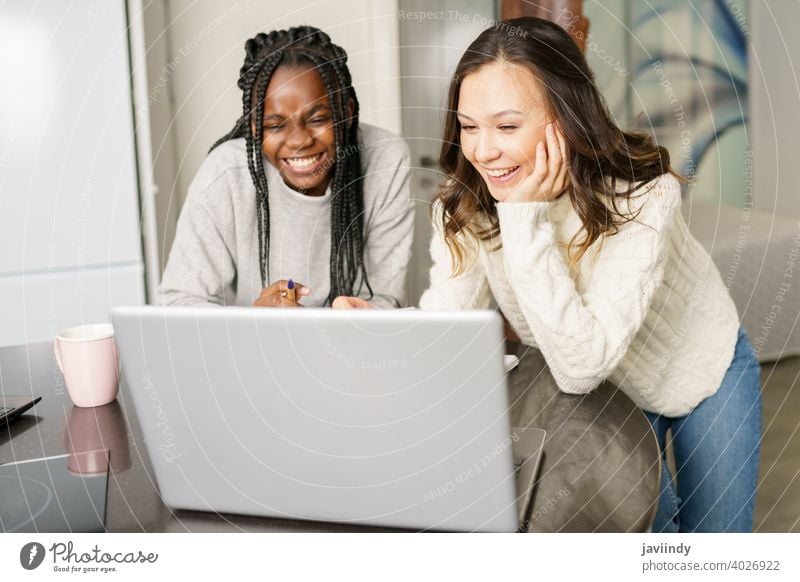 Two college girls studying together at home with laptops while drinking coffee student women multiethnic computer multiracial house black afro lifestyle two