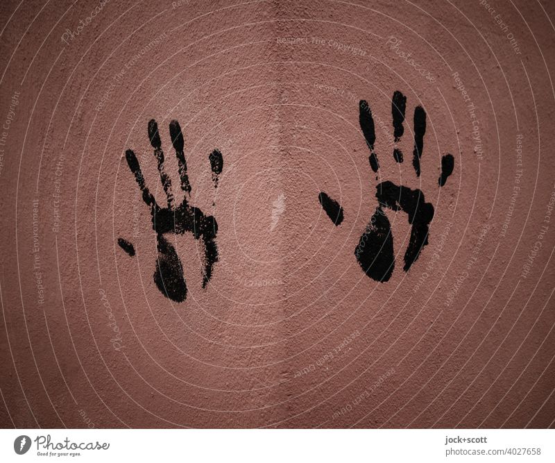 right hand print on the wall Background picture Silhouette Side by side Simple handprint Hand Creativity Corner Plaster wall Detail Touch Street art Brown
