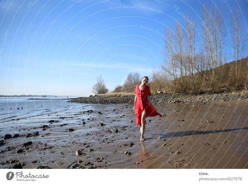Lara Beach Woman Dress Low tide Red trees birches Horizon Sky sunny Going Walking stones Sand Slick