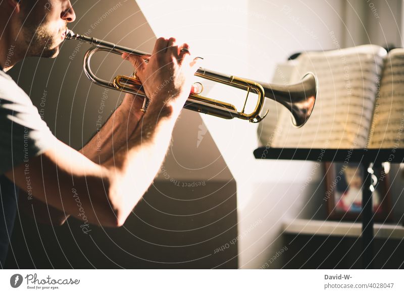 concentrated during self-study with the musical instrument Practice Musical instrument Trumpet Musician Disciplined Ambitious notes willpower Success