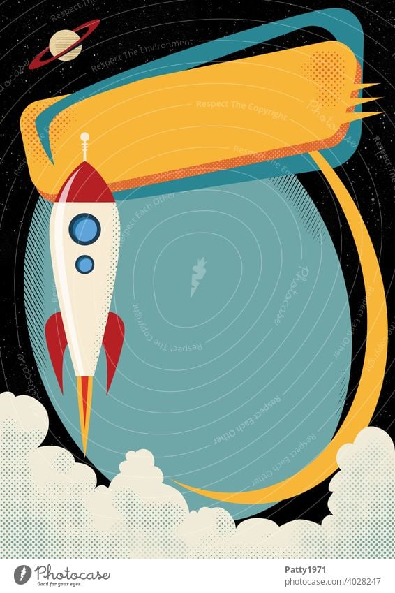 Launching cartoon rocket in space. Advertising sign concept in 50s, 60s style. Cartoon mid century Copy Space Illustration Comic Design Multicoloured