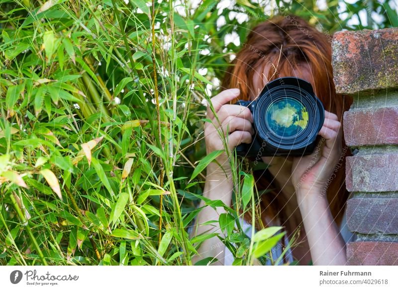 A photographer is secretly taking pictures with a camera. She stands hidden between plants and a wall. Woman Photographer Wall (barrier) curious neogiric