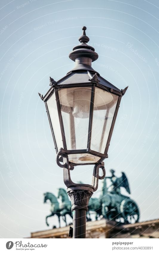 historical lantern in front of Brandenburg Gate Lantern Berlin Quadriga Capital city Landmark Architecture Tourist Attraction Germany Pariser Platz Monument