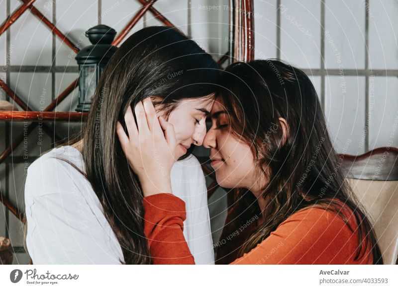 A lesbian couple about to kiss each other on a lovely shot in a modern flat affectionate answering cuddling embracing friends girls headshot horizontal kissing