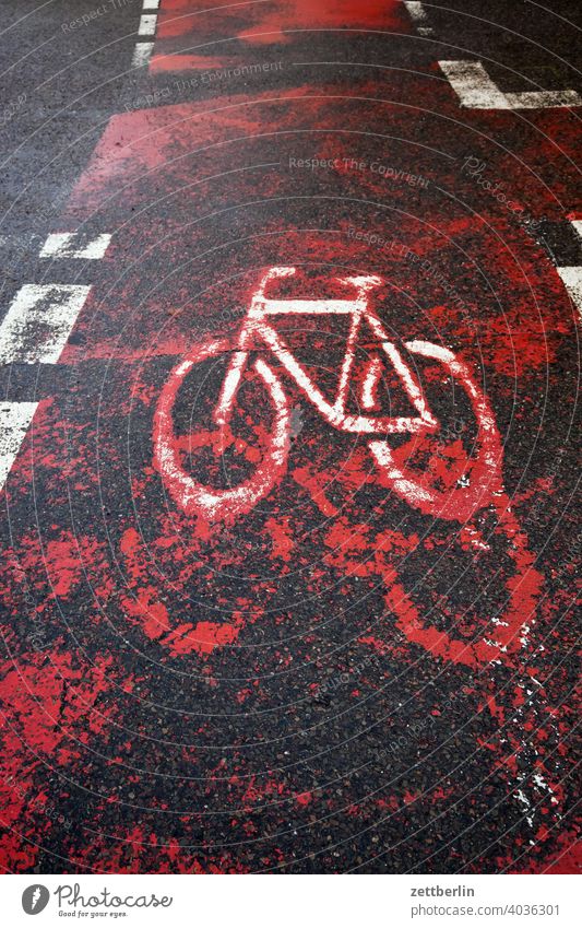 bicycle path Turn off Asphalt Corner Lane markings Bicycle Cycle path Clue edge Curve Line Left navi Navigation Orientation Arrow Wheel cyclists Right Direction