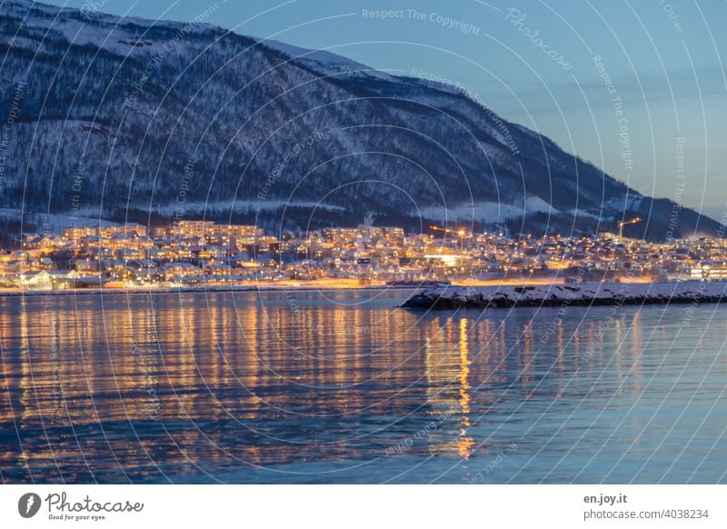 Tromsø, Norway at blue hour Scandinavia Winter Snow Vacation & Travel Mountain Fjord voyage Water destination Tourism Sea of light clearer Lighting reflection