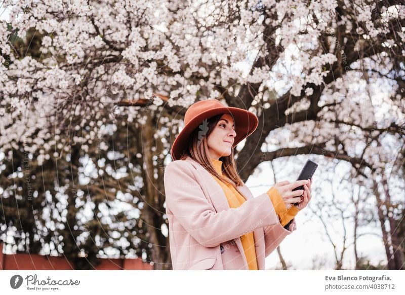 happy young caucasian woman using mobile phone at sunset over almond tree blossoming. Springtime and technology concept trees spring internet wireless