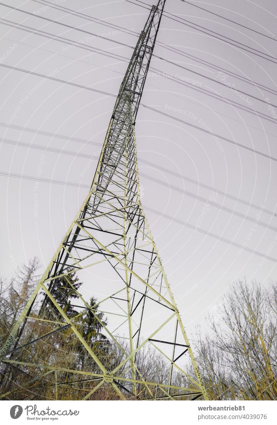 Overhead power line low angle shot electricity germany europe industry industrial nature forest outdoors tower energy high tension wire voltage electrical sky