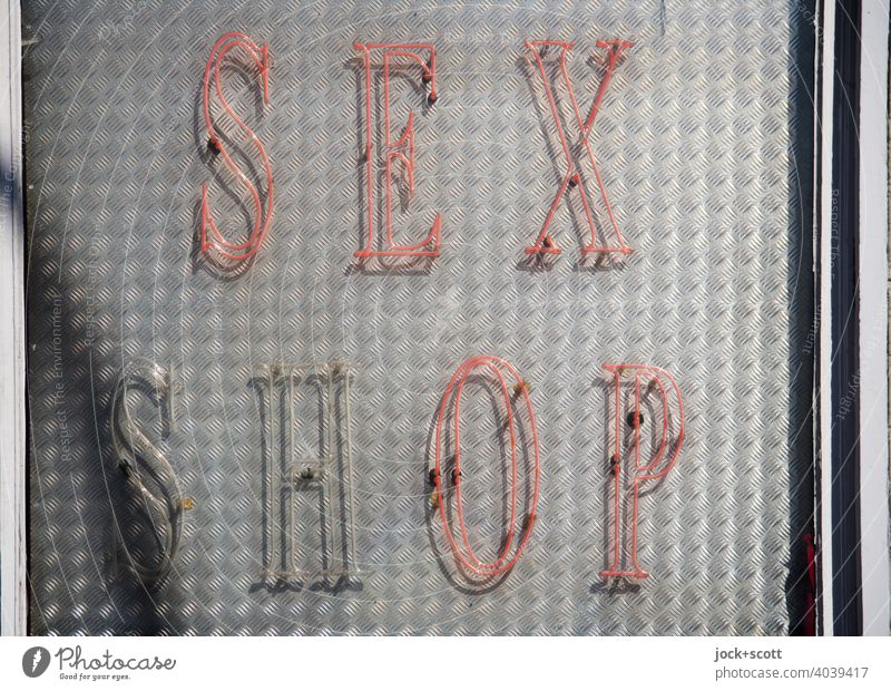 SEX SHOP daylight Neon sign Capital letter Typography Broken Red Illuminate Design Shop window Trade Signs and labeling Word English Metal plate Neon light neon