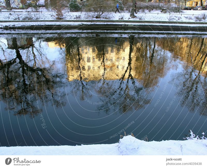The wintry Landwehrkanal reflects light and shapes Winter Snow Sunlight Reflection Nature Berlin Surface of water Light (Natural Phenomenon)