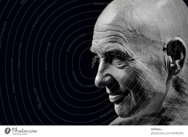 Portrait of man with bald head in profile, dark text free space Face masculine Profile portrait B/W Man Bald or shaved head Baldy Smiling equilibrium