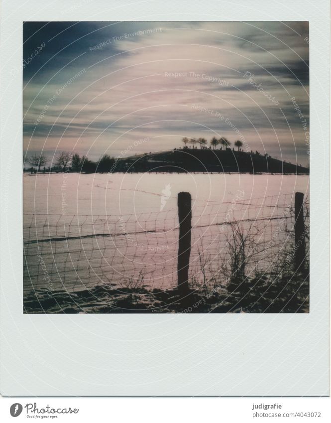 Winter landscape on Polaroid Hill trees Snow Fence Fence post Wire netting fence Sky Cold Frost Landscape