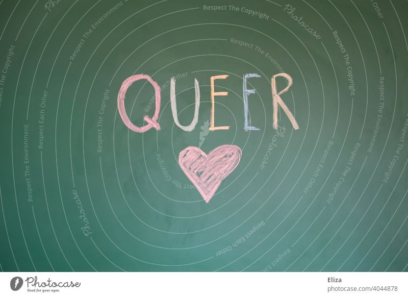 The word queer written in colorful letters on a chalkboard with a pink heart. variegated LGBTQ Tolerant Heart Love variety Equality Pride community Blackboard