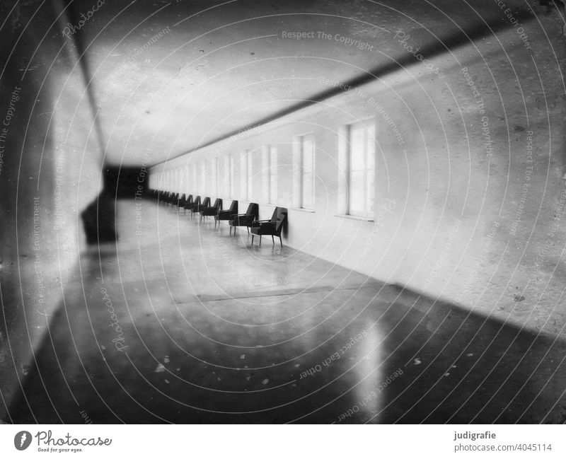 Hallway with chairs and windows Black & white photo Corridor Wait waiting area Empty Building Light Wall (building) Room blurriness Architecture Deserted