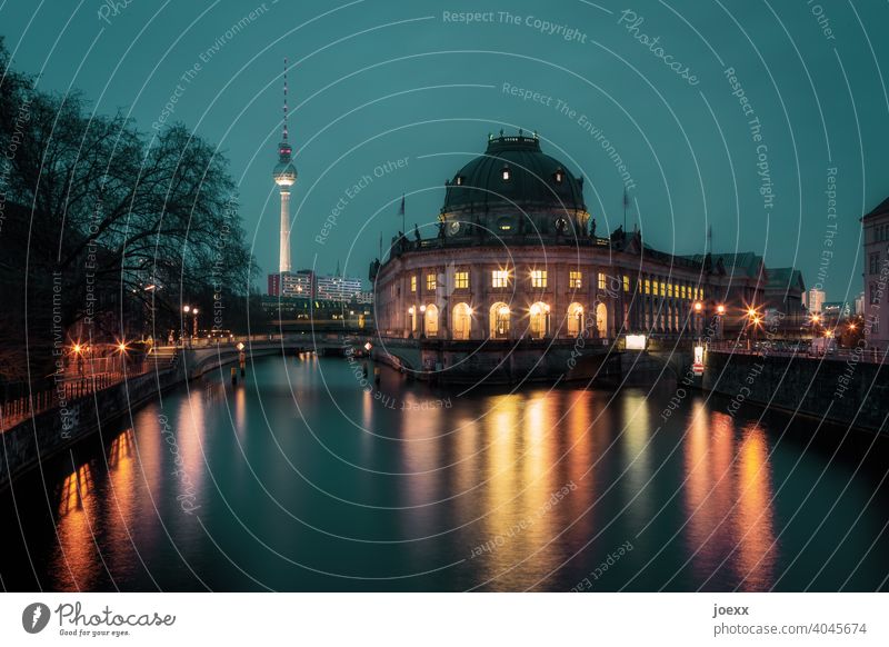 Berlin by night, view over the river Spree past the Bodemuseum to the Alex Capital city Manmade structures Architecture Tourist Attraction Town Exterior shot