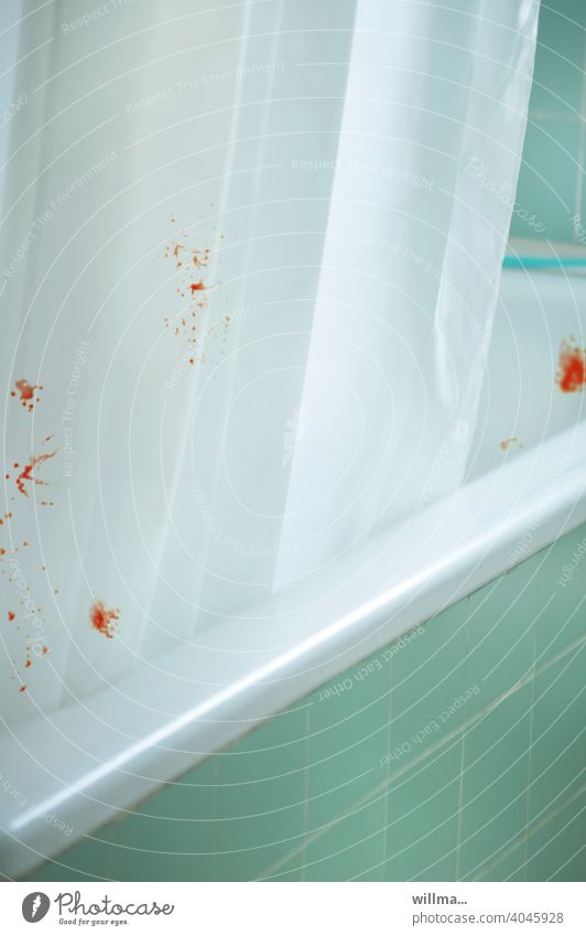 Shower scene Shower curtain Blood Blood splatter bathroom Creepy horrendous Crime thriller Bathroom Massacre psycho bloody Murder Fear Crime scene Bathtub tiled