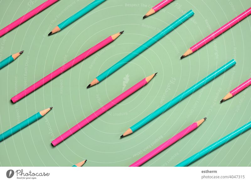 Geometric pattern made with colored pencils color pencils green college palette rainbow closeup colorful object concept draw fence row texture wooden multicolor