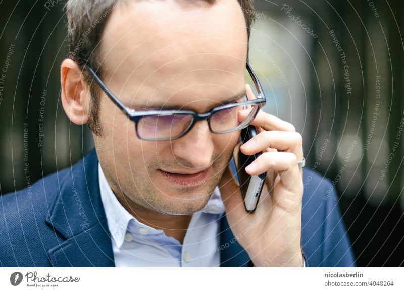 Businessman with glasses talking on phone with smartphone manager Equipment Executive work Connection Cellphone masculine using Entrepreneur urban call job