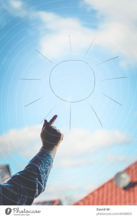 Child points to a painted sun on a window Sun Sunlight Indicate drawing Solar Power Solar Energy Sunbeam good weather Summer Hand Sky Beautiful weather