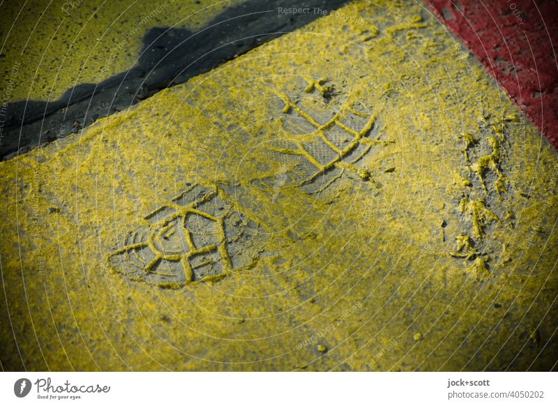 Impression of a shoe in a dried layer of paint shoe print trace Structures and shapes Yellow Penumbra Neutral Background Background picture Minimalistic Dirty