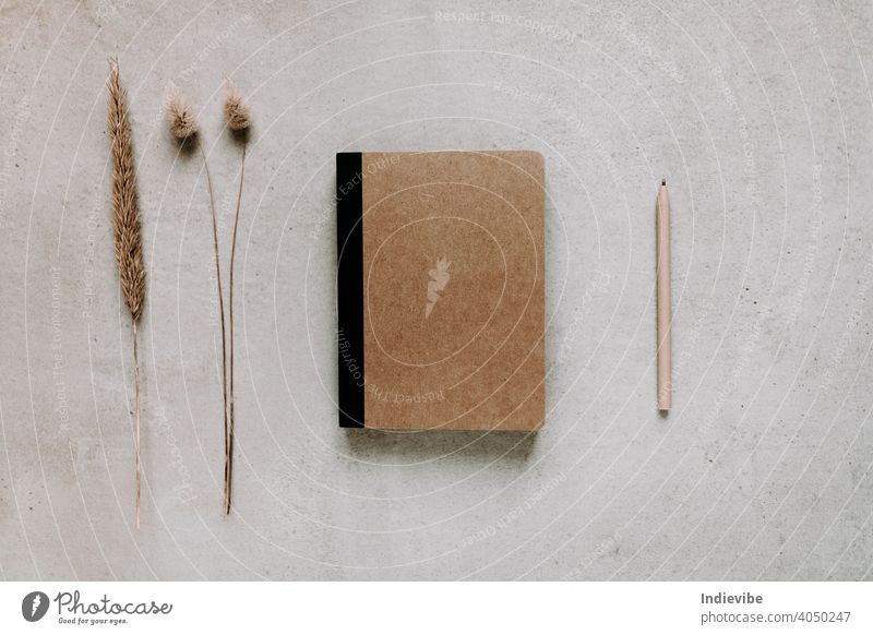 Brown paper notebook with paper pen on grey background. Flat lay top view. Dried flowers on left side. Modern home office supply and accessory. diary brown