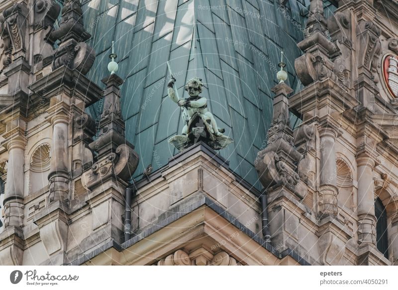 Copper figure at the tower of the Hamburg city hall with young bird in the picture City hall Germany Wildlife falcon urban urban wildlife Green Roof Tower
