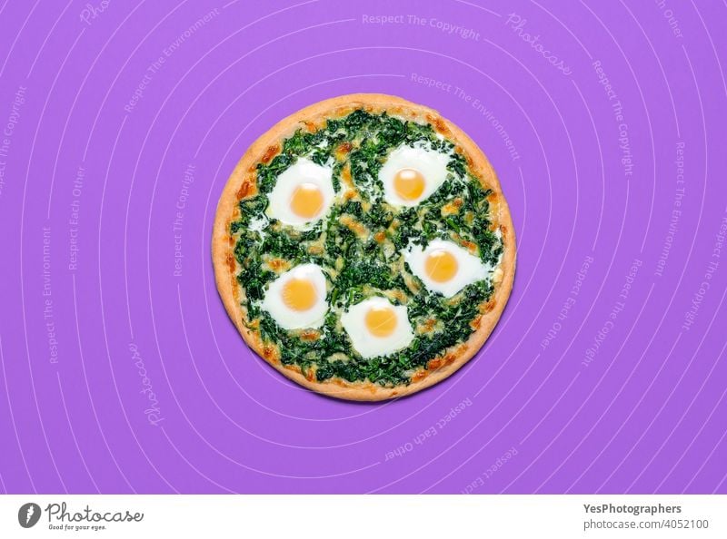 Vegetarian pizza with spinach and eggs isolated on purple color. Pizza, flat lay Italian cheese colored background cuisine cut out delicious dinner