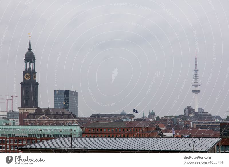 TV tower and Michel in the rain grey Architecture Germany out Europe Hamburg Northern Germany Town Tower Gray Rain Fog Dreary
