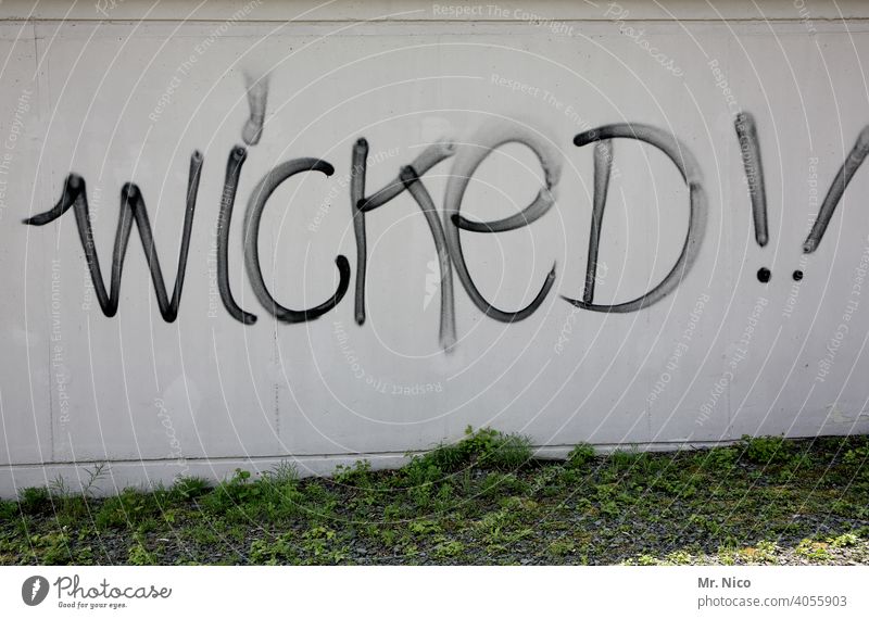 drawn & painted | wickeD !!! Graffiti Wall (building) Wall (barrier) Characters Daub Creativity Mural painting somber Gray Moody Emotions English