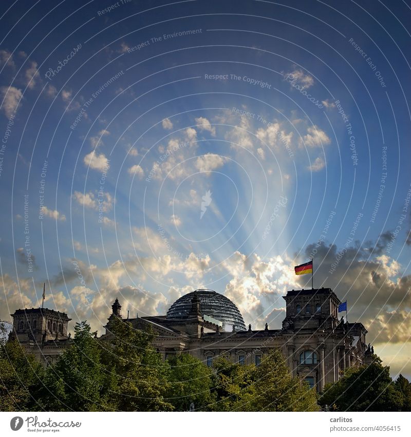 Berlin | Reichstag building with flash of inspiration Germany Bundestag Government dome norman foster flag Flagpole Black Red Gold German Flag Capital city