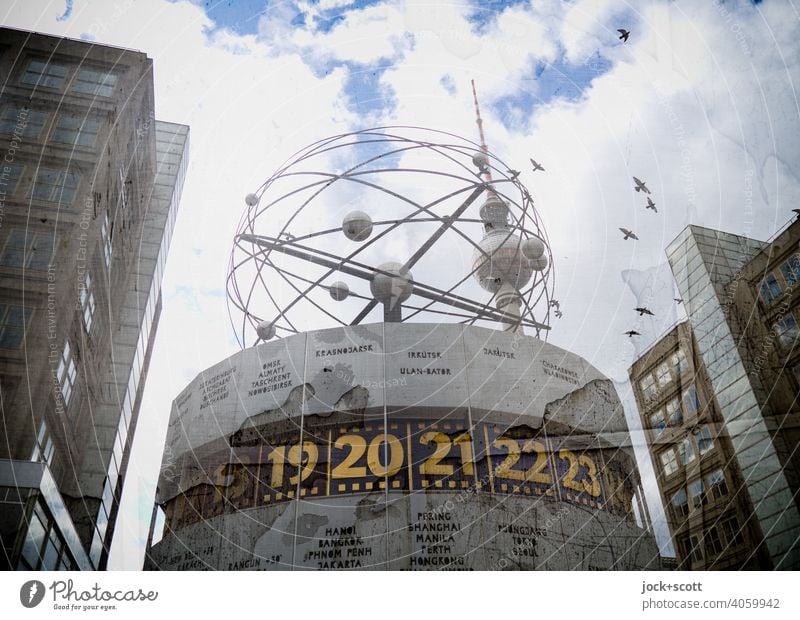 All the time in the world in the big city World time clock Sky Clouds Tourist Attraction Alexanderplatz Digits and numbers Original Time zones Planet Retro