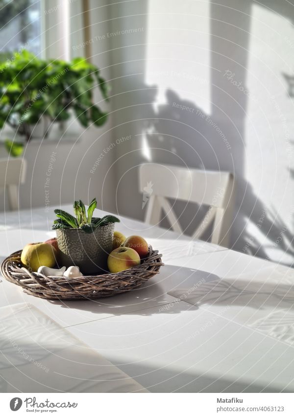 The kitchen table in the sunlight Kitchen Table Sunlight Shadow play Eating Apple Plant tranquillity Food Room at home Colour photo Food photograph Tabletop