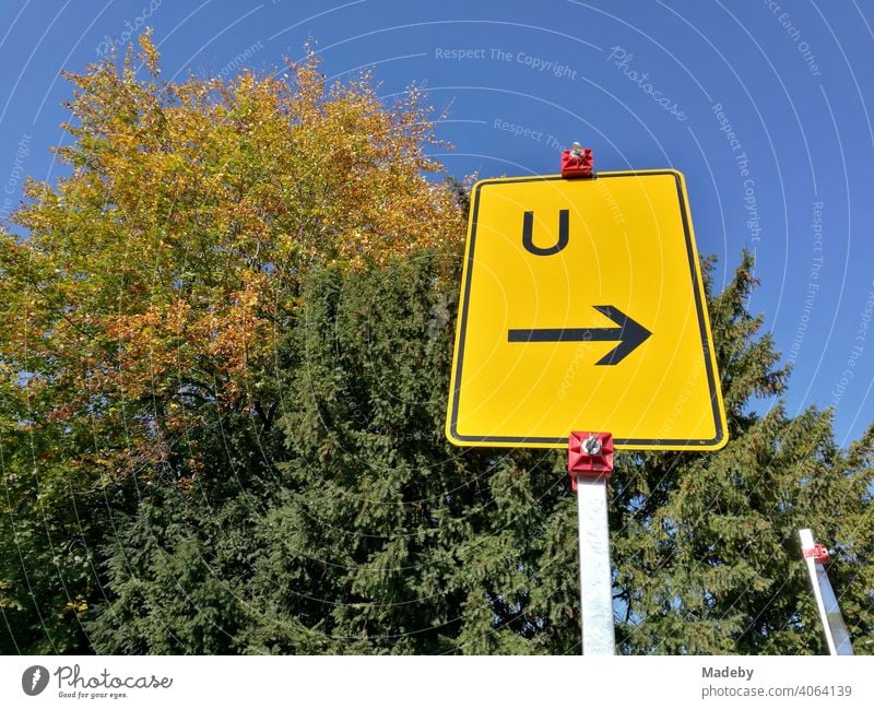 Yellow traffic sign indicating a detour in front of big old trees and blue sky in autumn sunshine in the Hanseatic town of Lemgo near Detmold in East Westphalia-Lippe, Germany
