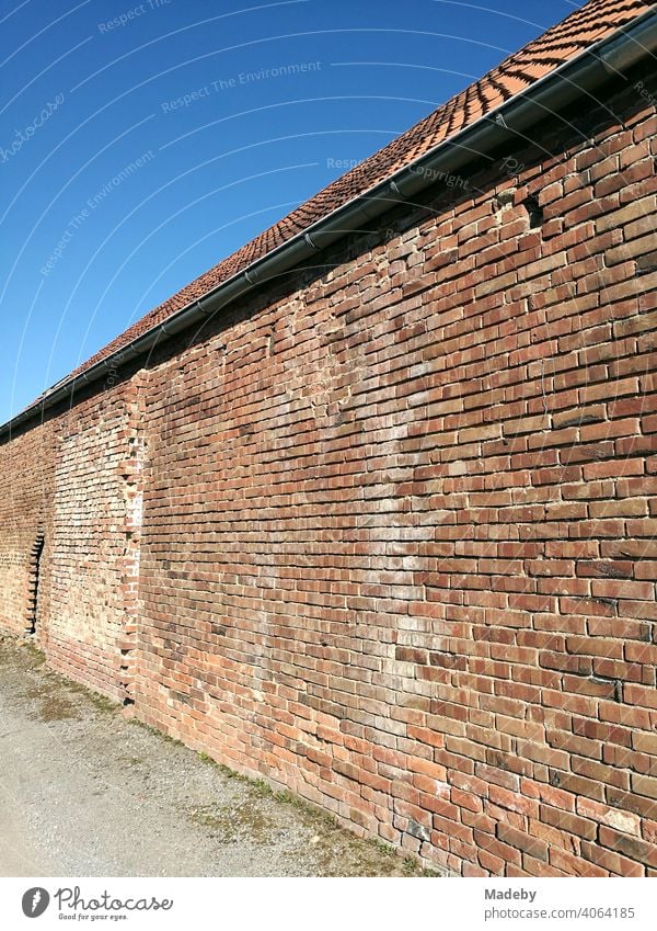 Old clinker facade made of red brick in the sunshine in front of a bright blue sky in the Hanseatic town of Lemgo near Detmold in East Westphalia-Lippe Brick