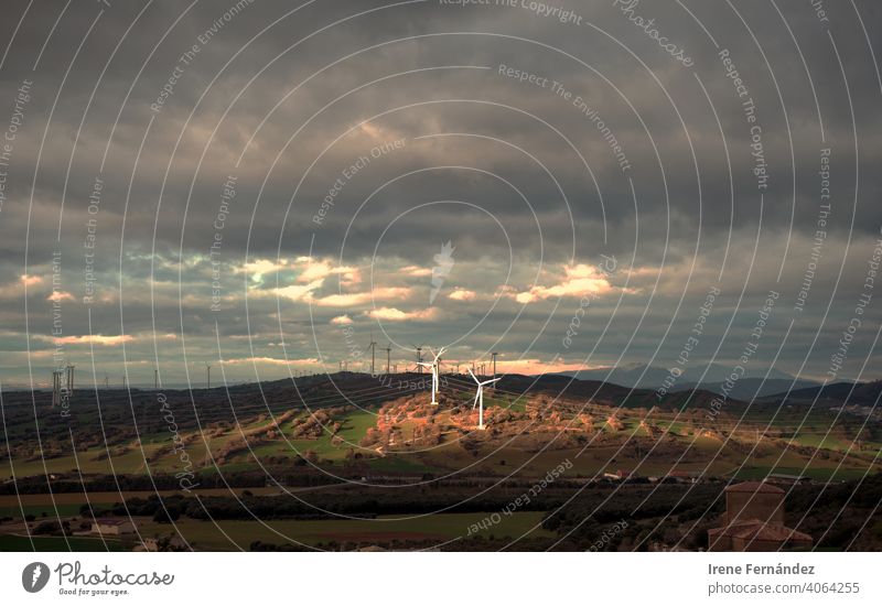 Nature landscape with almost completely cloudy skies overlooking windmills nature conservation Landscape Light Cloudless sky Clouds Spring Windmill Mountain