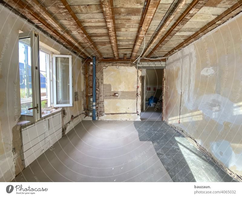 WOOD BEAMS. Plaster Wall (building) Wall (barrier) Broken Deserted House (Residential Structure) Colour photo Building Redecorate Subdued colour Window