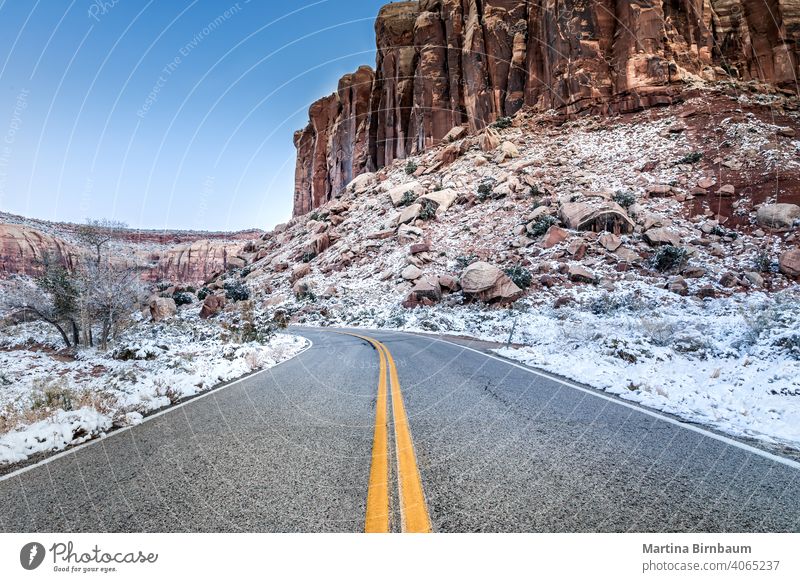 Early winter, Road leading to the Needles Overlook in Utah with snow forward canyonlands national park arches national park valley utah tourism usa travel road