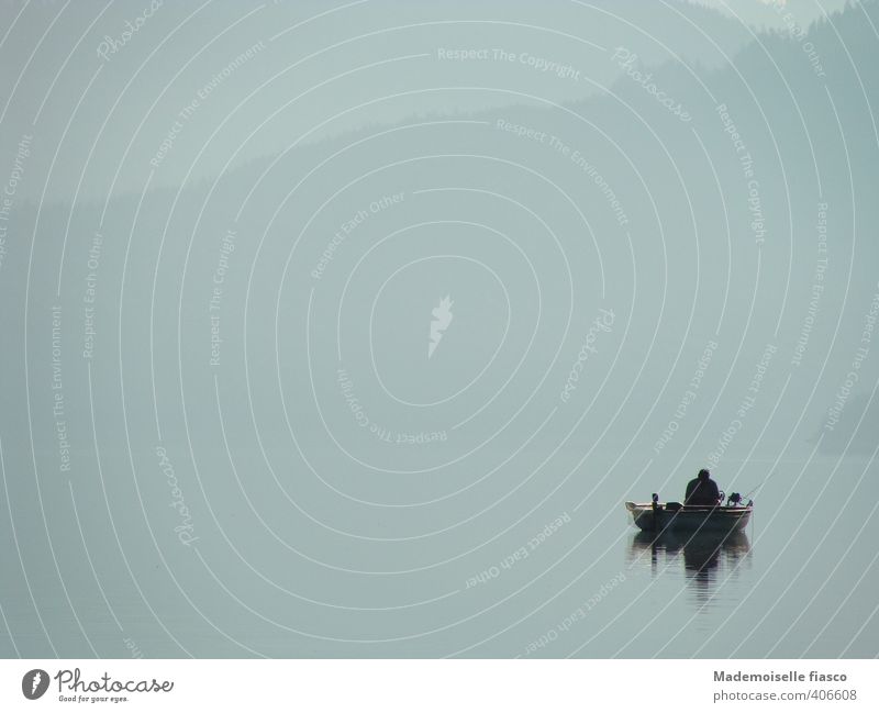 Angler in boat on the lake in the fog Leisure and hobbies Fishing (Angle) 1 Human being Water Fog Lake Sit Gray Patient Calm Break Subdued colour Exterior shot