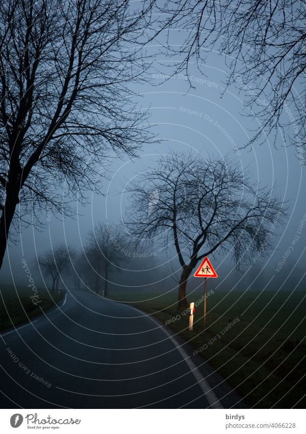 Traffic sign 136 on a foggy country road at dusk warning of children on the roadway Street Fog unsuspected Funny attentiveness Road sign Out of town Safety