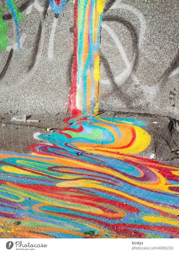 multicolored graffiti, liquid colors run down a wall onto the floor without mixing Graffiti variegated Multicoloured Street art colourfulness Color gradient